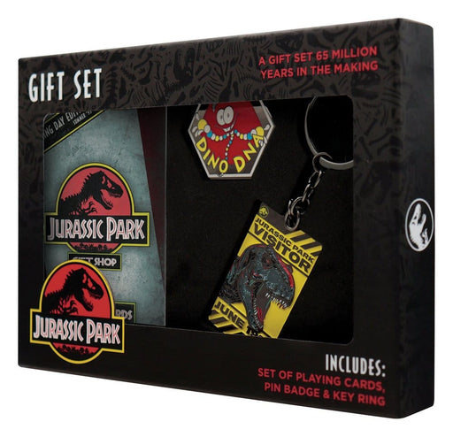 Jurassic Park Geschenkbox mit Kartenspiel, Pin und Schlüsselanhänger