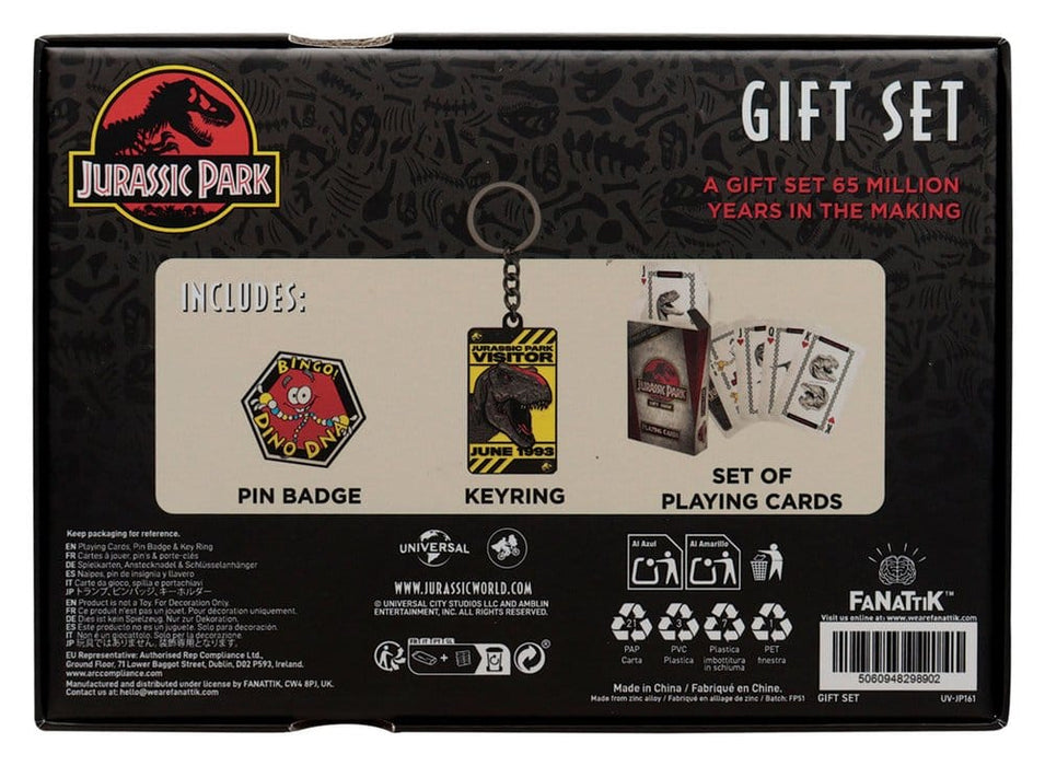 Jurassic Park Geschenkbox mit Kartenspiel, Pin und Schlüsselanhänger