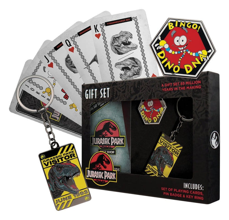 Jurassic Park Geschenkbox mit Kartenspiel, Pin und Schlüsselanhänger